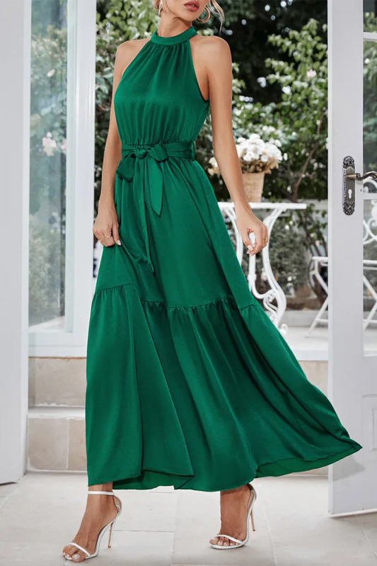 LP | Micaela - Elegant one-colored maxi dress with neckline and lacing