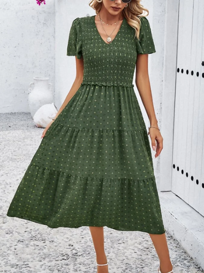 Dress with short sleeves and V-neckline