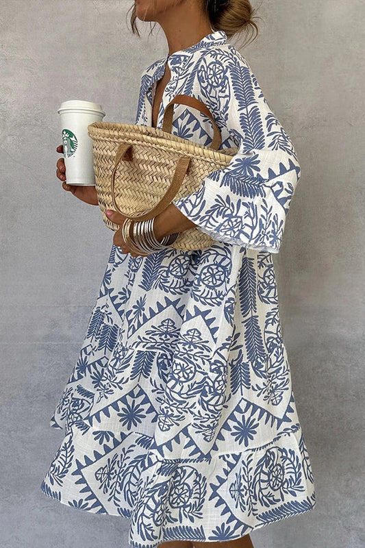 Printed mini dress with V-neck and bell sleeves