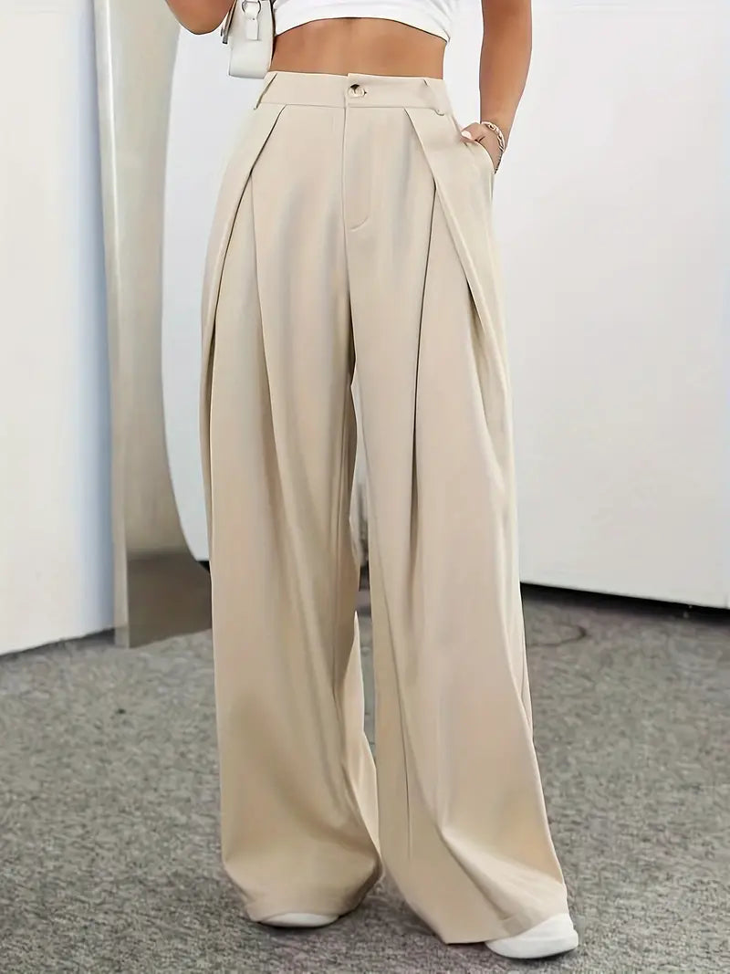 Plain band pleated high-waisted pants for women