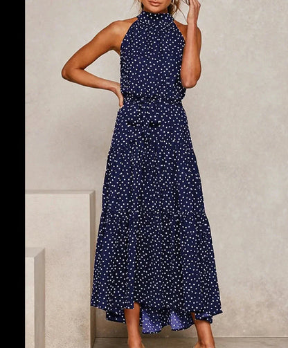 Printed long dress with bow at the waist