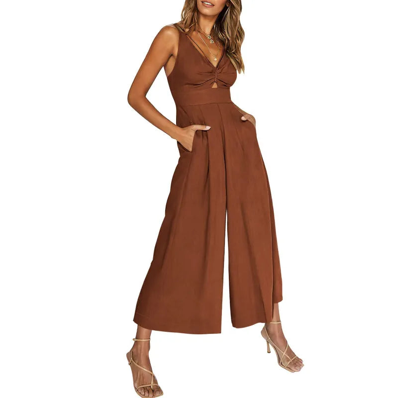 LD 2024 new jumpsuits with V-neck and wide legs