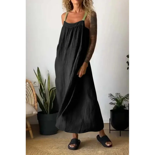 LD Long chambray dress with pockets and contrasting straps in beau blue