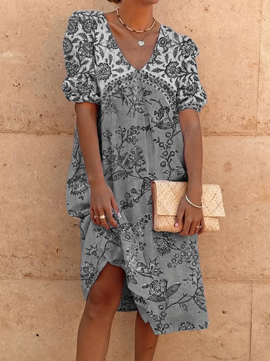 LP | Dress with v-neck and puff sleeves