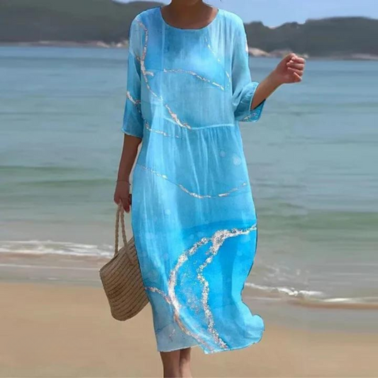 Summer long dress with modern print and short sleeves