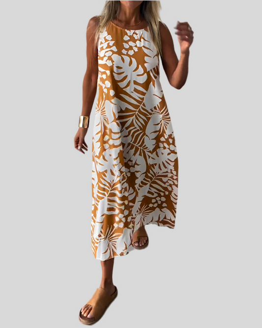 LD | sleeveless long dress with leaf motif and elegant styling