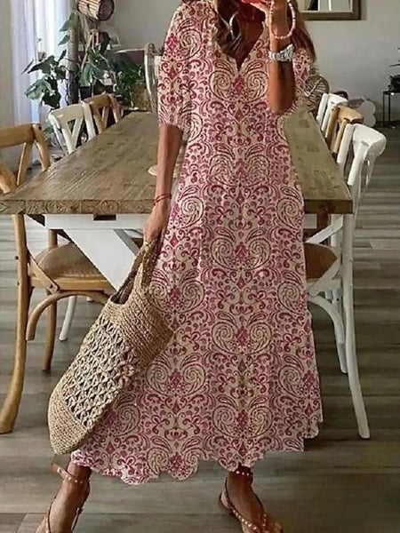 LP | Delia - Women's Long Dress with V-neck, mid-length sleeves and printed beard