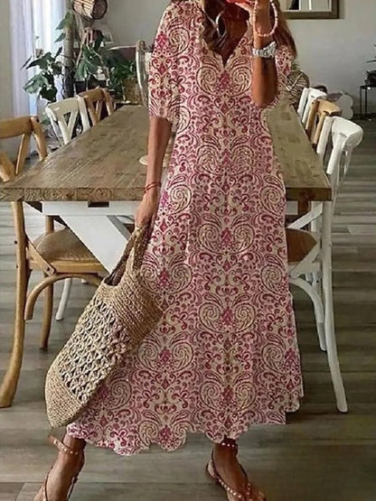 LP | Delia - Women's Long Dress with V-neck, mid-length sleeves and printed beard