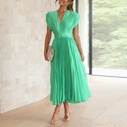 Pleated midi dress with V-neck and elegant short sleeves