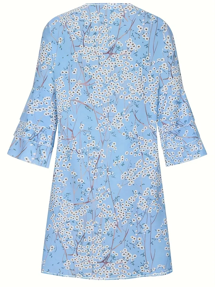 LP | Gianna - Dress with floral print and ruched hemline, multi-layered casual dress with mid-length sleeves and V-neck, Women's Clothing