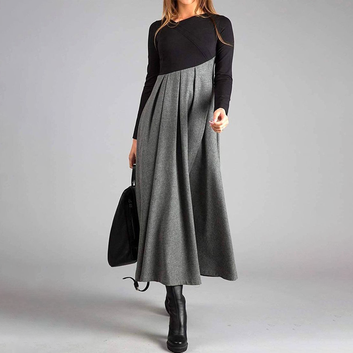LP | Grey color block long-sleeved maxi dress