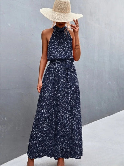 LD Best-selling jumpsuit dress with straps and halter neck with wavy polka dot print