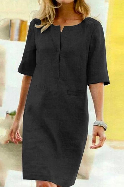 Kathy straight dress of linen and cotton with half-sleeves