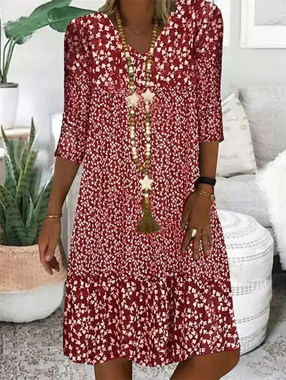 Mia | Boho Midi Dress – Casual Loose Fit with V-Neck and 3/4 Sleeves