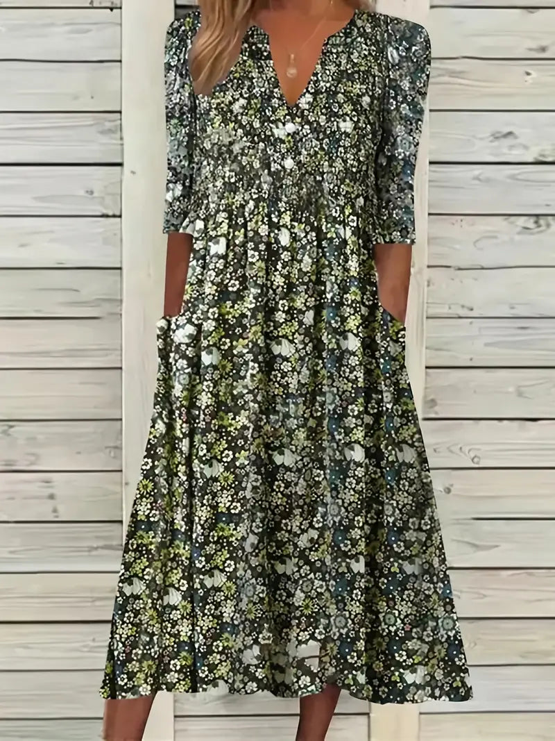 LD Blossom Ditsy Floral Print Dress with V-Neck and Pockets