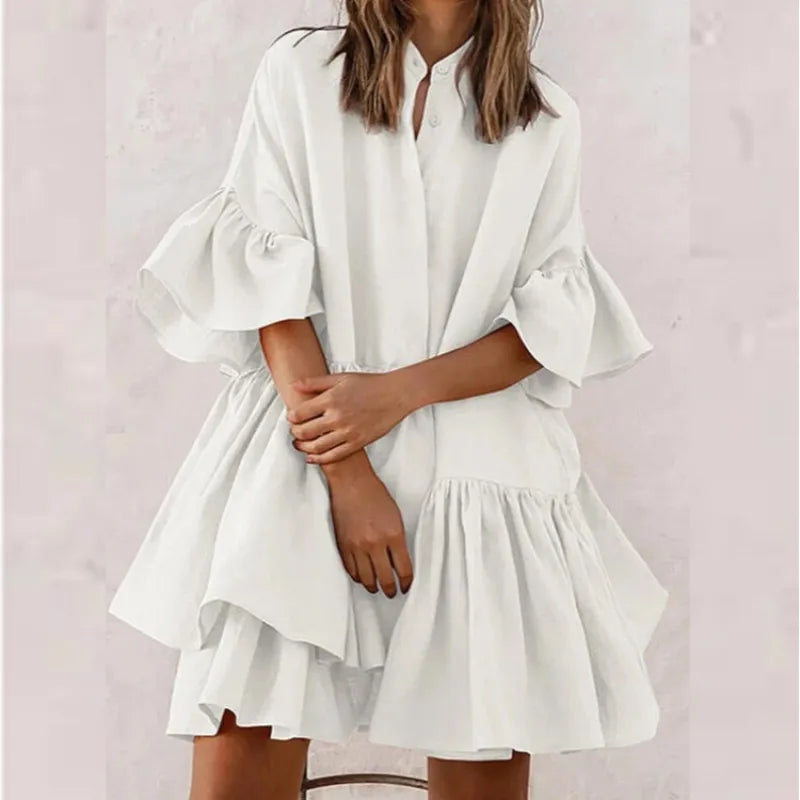 LD Casual monochromatic dresses with V-neck and pastel-colored skirt