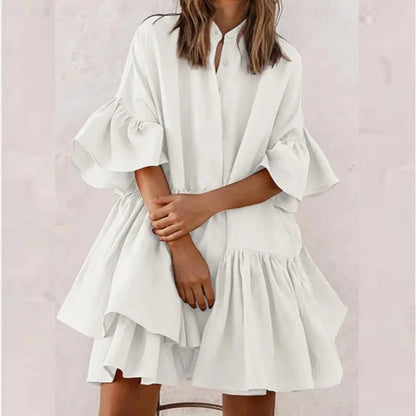 LD Casual monochromatic dresses with V-neck and pastel-colored skirt