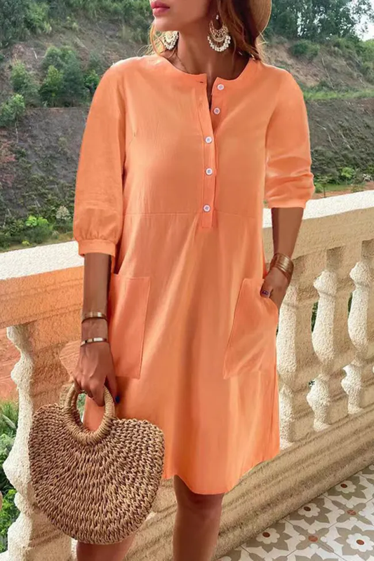 Casual and simple dresses with fixed pocket buckle and A-line O-neckline