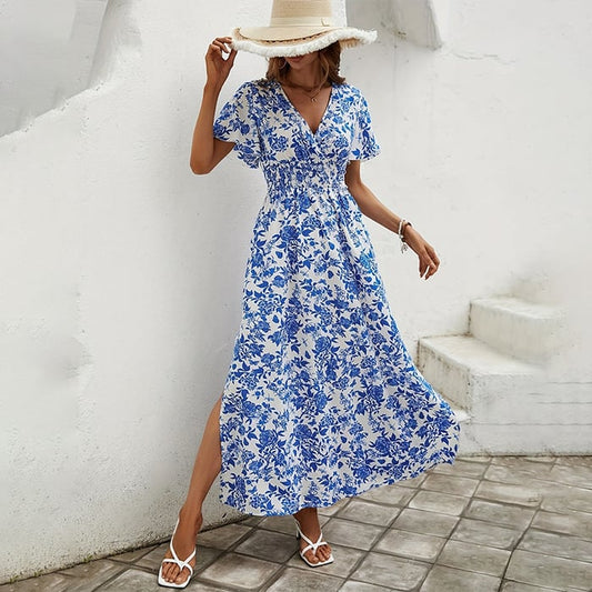 LD Long dress with floral V-neckline and elegant short sleeves