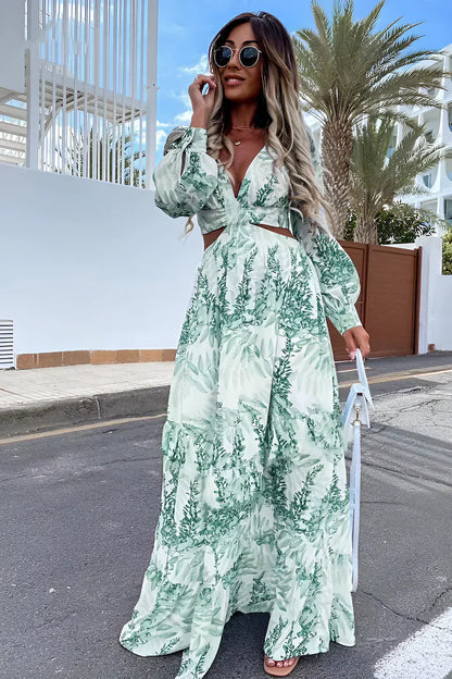 LP | Elegant long-sleeved V-neck printed dress