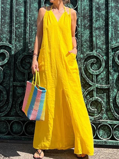 LD Long ladies dress with pocket and V-neckline
