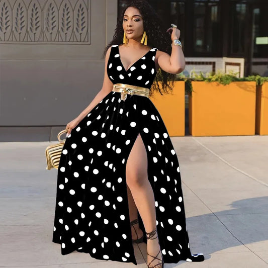 Dress with deep neckline and open back with gold dots