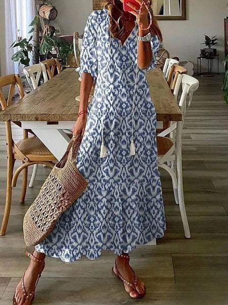 LP | Delia - Women's Long Dress with V-neck, mid-length sleeves and printed beard