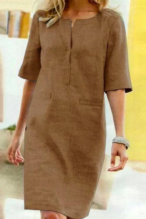Kathy straight dress of linen and cotton with half-sleeves