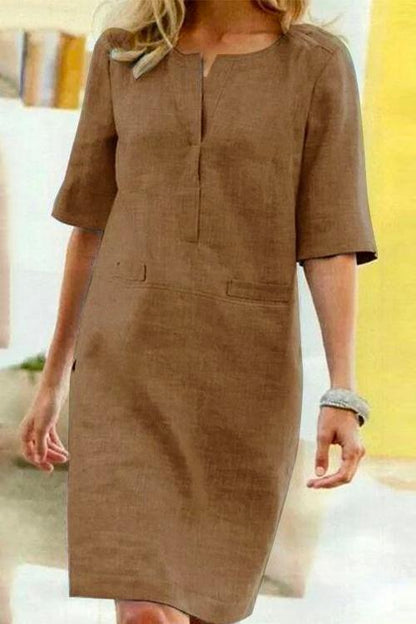 Kathy straight dress of linen and cotton with half-sleeves
