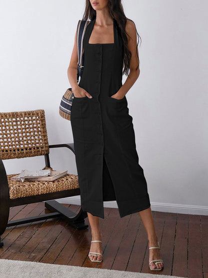 Cotton linen midi dress with buttoned halter neck and open back
