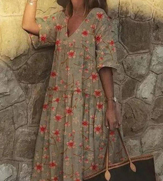 V-neck casual dress with floral print