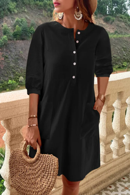 Casual and simple dresses with fixed pocket buckle and A-line O-neckline