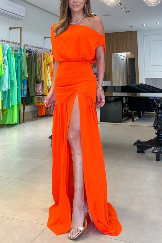 Elegant long dress with ruffles and asymmetrical design with one shoulder