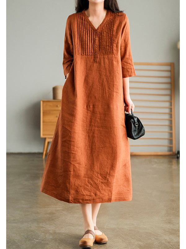 V-neck Half-Sleeve Ruffled Cotton Loose Dress