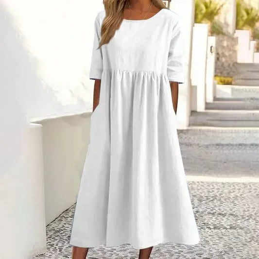 Women's casual midi dress with round neck and functional pockets