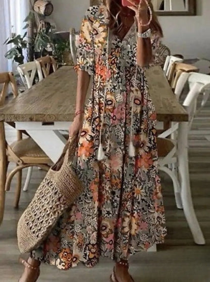 LP | Delia - Women's Long Dress with V-neck, mid-length sleeves and printed beard