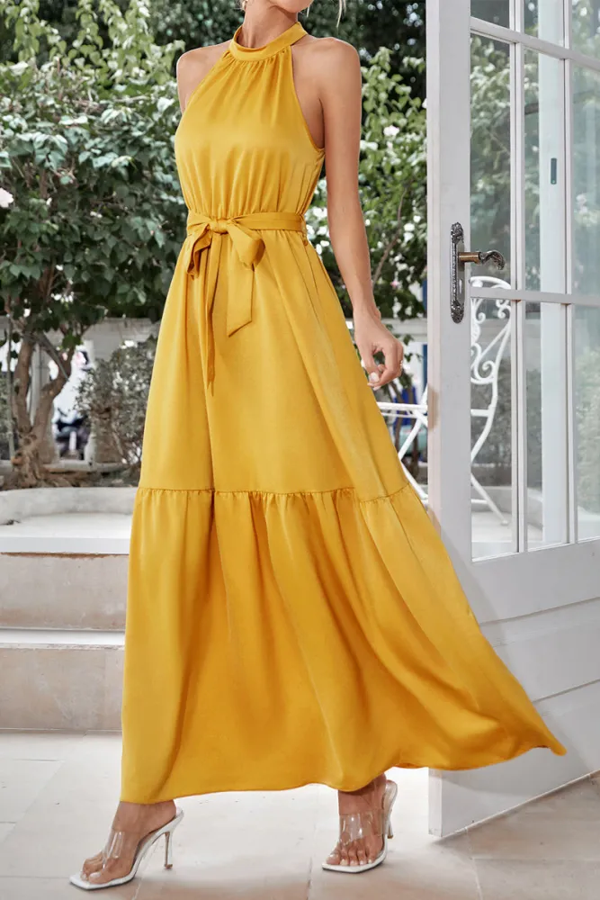 LP | Micaela - Elegant one-colored maxi dress with neckline and lacing