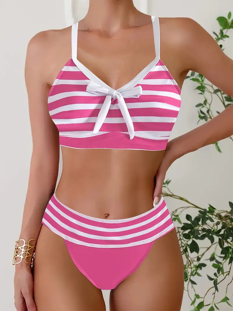 Sexy striped print bow V-neck bikini