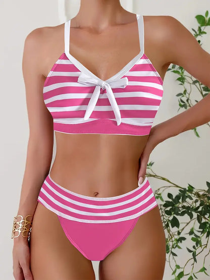 Sexy striped print bow V-neck bikini