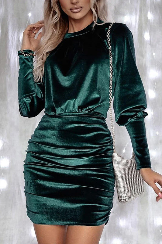 LP | Green velvet bodycon dress with puff sleeves and ruffles