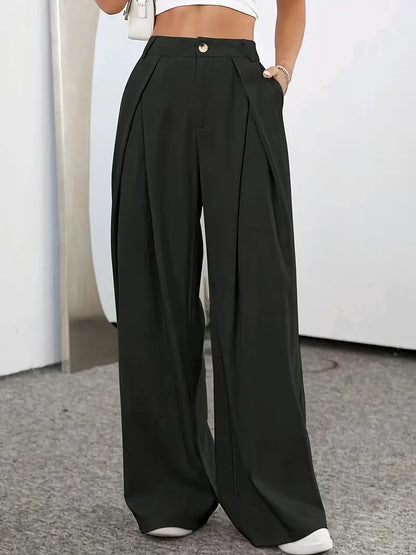 Plain band pleated high-waisted pants for women