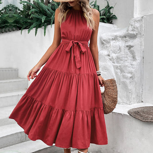 LP | Women's spring summer sleeveless dress, no tie, romantic long red casual dress