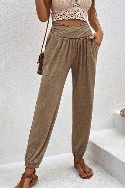 Temperament casual loose pocket high-waisted pants