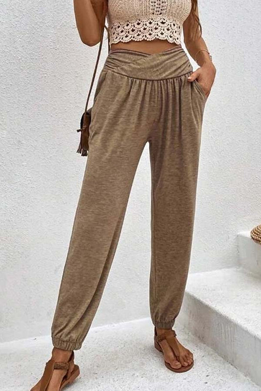 Temperament casual loose pocket high-waisted pants