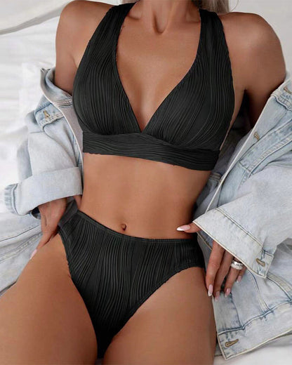 One-tone sexy bikini with deep V-neckline
