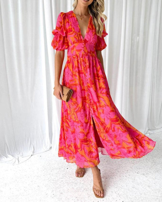 LD Long dress in vintage style with buttons and short puff sleeves