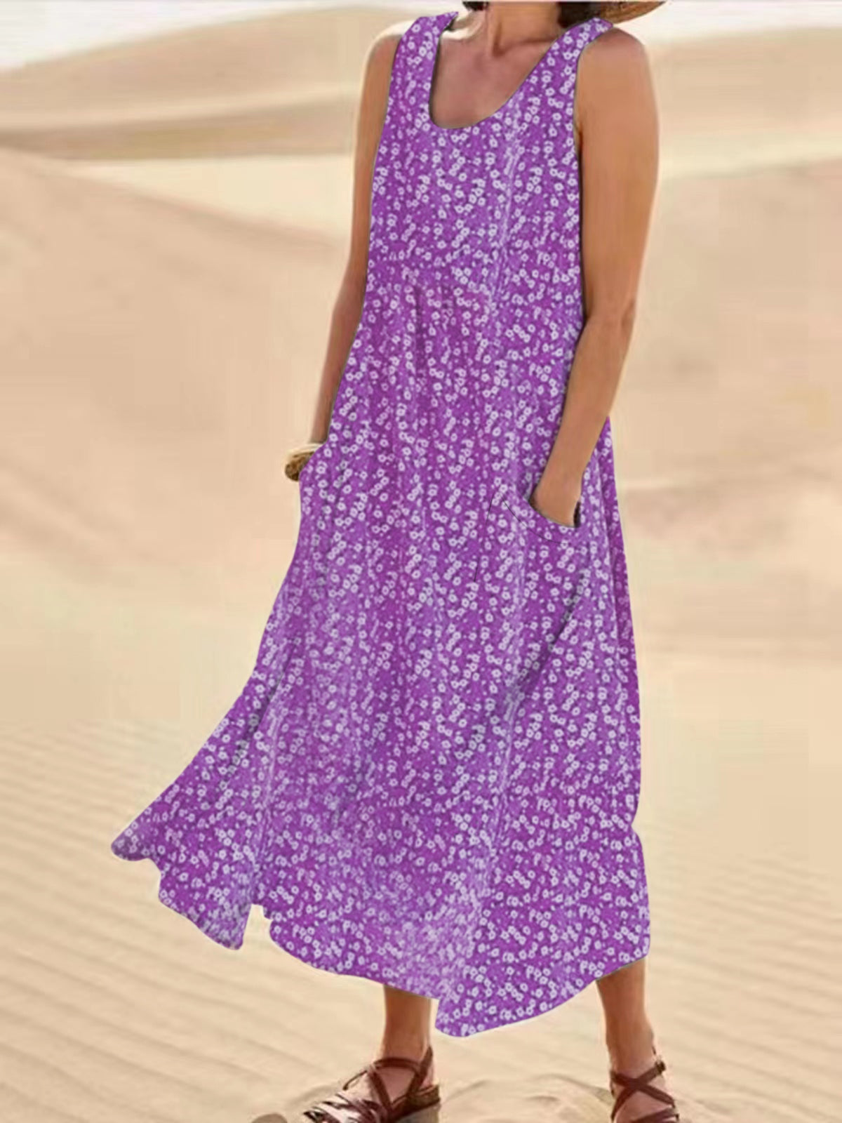 LP | Emma - Sleeveless pocket dress with round neckline, large, swinging floral dress, size L