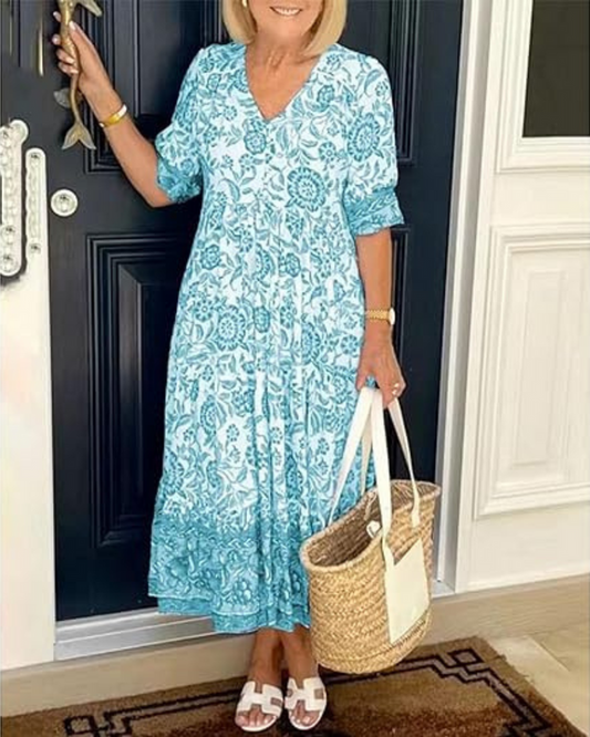 Long summer dress with print and short sleeves for an elegant look