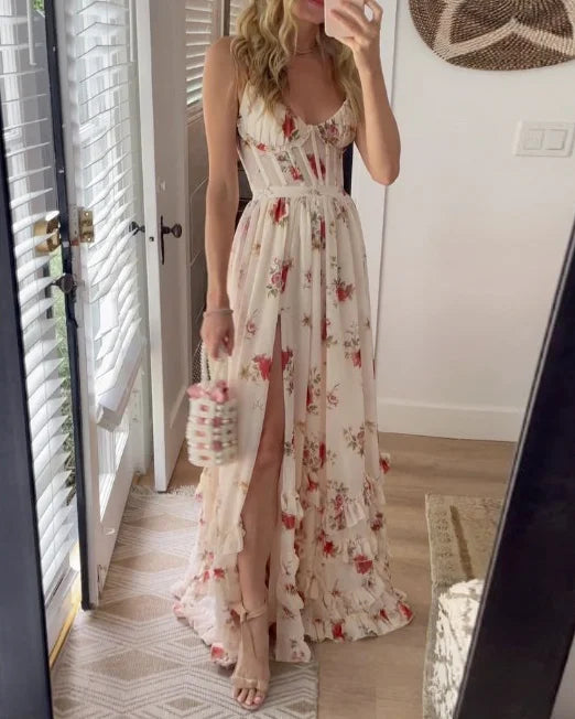 LP | Maxi dress with pleated floral slit