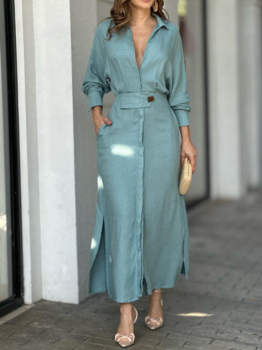 LP | Fashionable monochrome linen and cotton V-neck dress